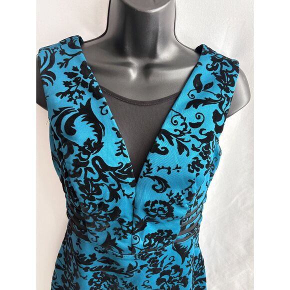 Enfocus Studio Midi Bodycon Cocktail Dress Size 4 Teal Black Floral Mesh Insert - Picture 2 of 9
